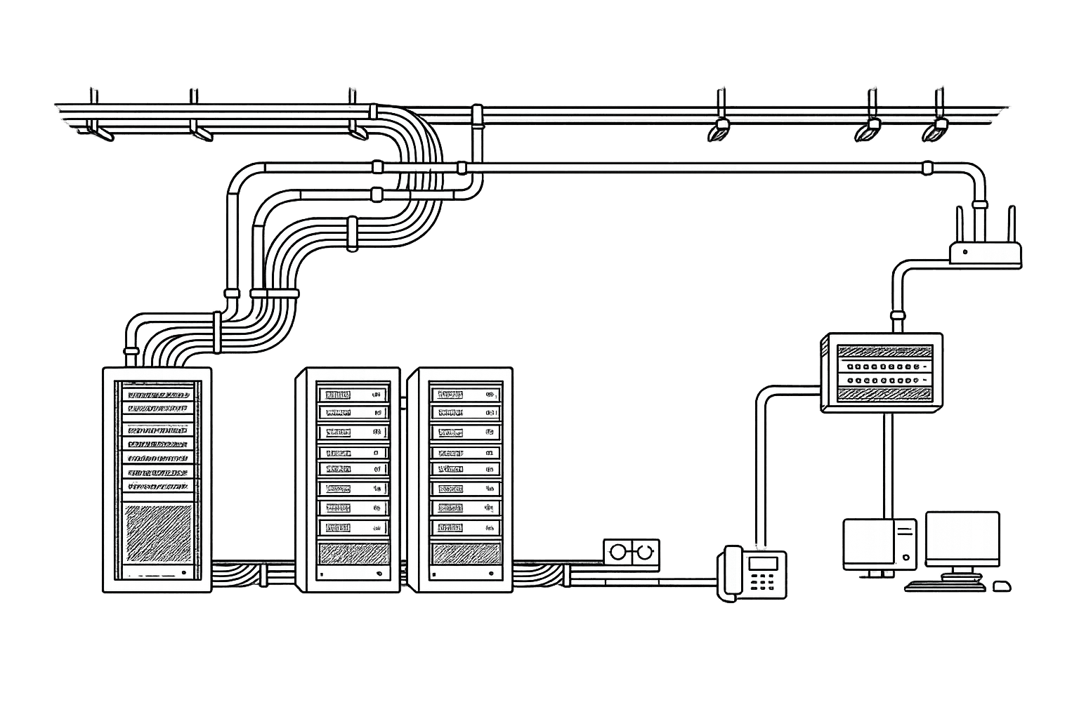 A telecom site equipment shelter: server racks linked by overhead cable trays to a network switch, a patch panel, an operator phone and a workstation.